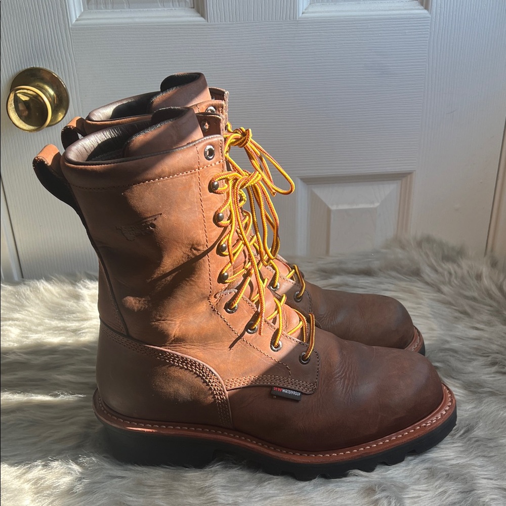 Red Wing Shoes Brown Leather Boots with Yellow Laces - Picture 3 of 11